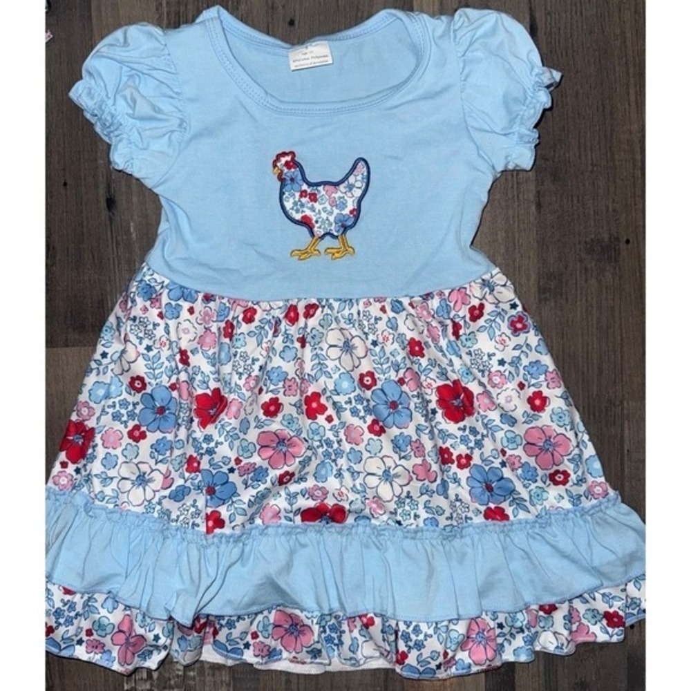 2T NWT Girls Light Blue Floral Chicken Applique Ruffle Dress Toddler Boutique